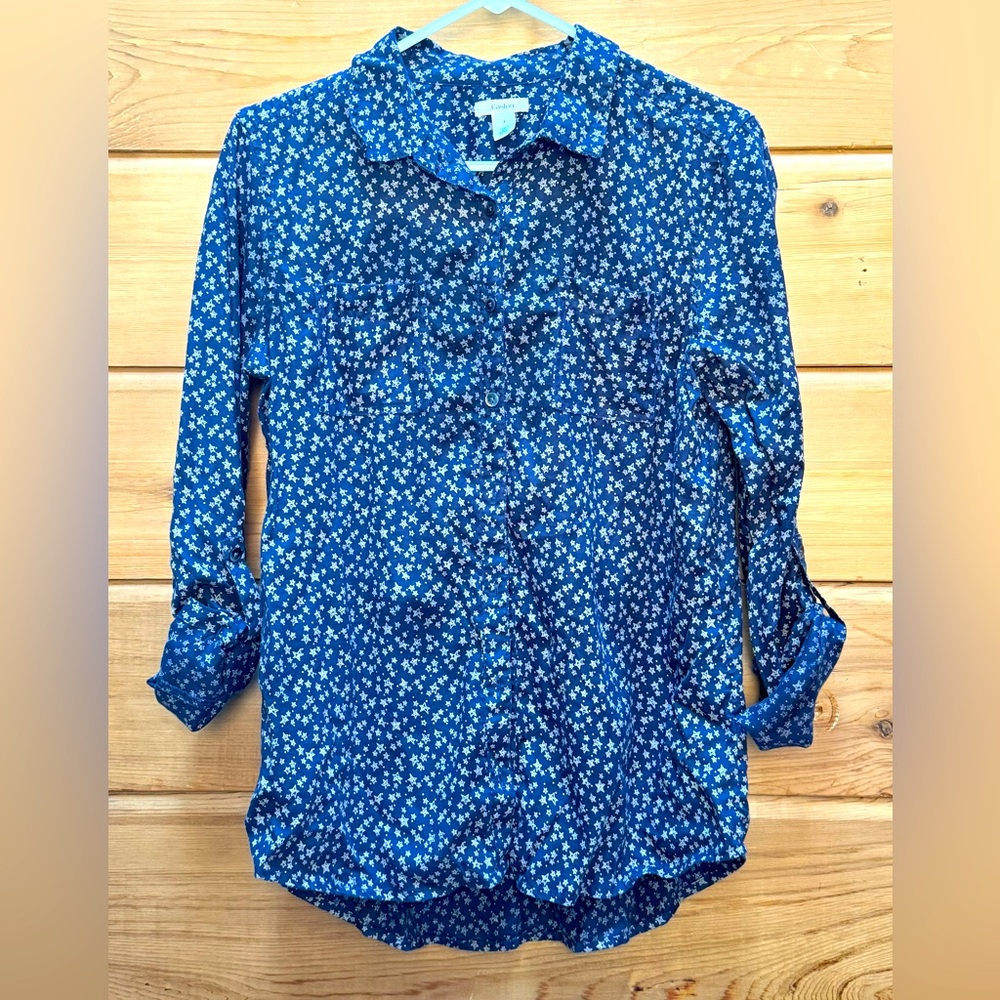 CASLON  Navy cotton shirt with silver stars and tab button roll-up sleeves